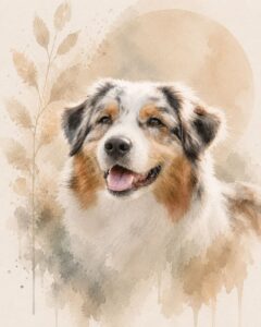 Aquarel huisdierportret in zachte natuurlijke tinten met verfijnde waterverfeffecten en een warme, vriendelijke uitstraling.