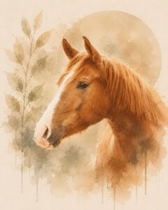 Aquarel paardenportret in zachte natuurlijke tinten met artistieke waterverfeffecten en elegante details.