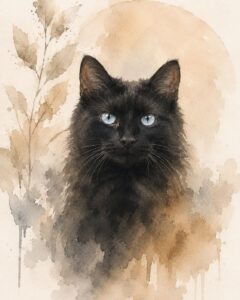 Aquarel huisdierportret van een zwarte kat met heldere ogen, zachte neutrale tinten en elegante artistieke details.