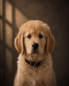 Gepersonaliseerd golden retriever puppy portret op maat in luxe fine art stijl met warme achtergrond