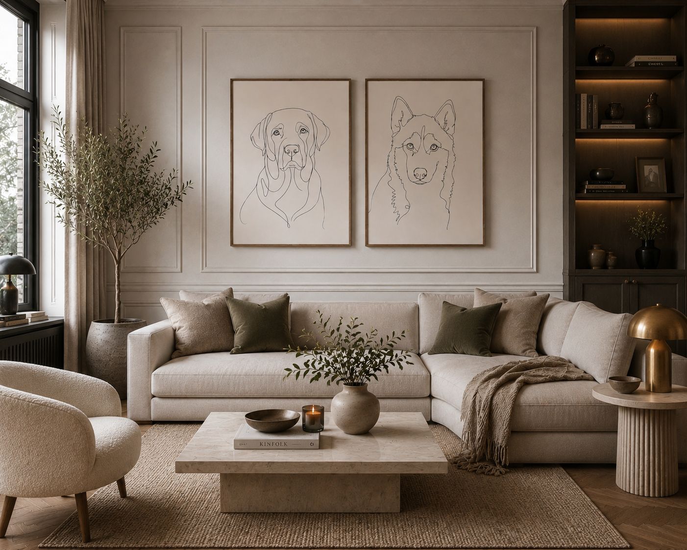 Minimalistische lijntekeningen van honden in modern beige interieur