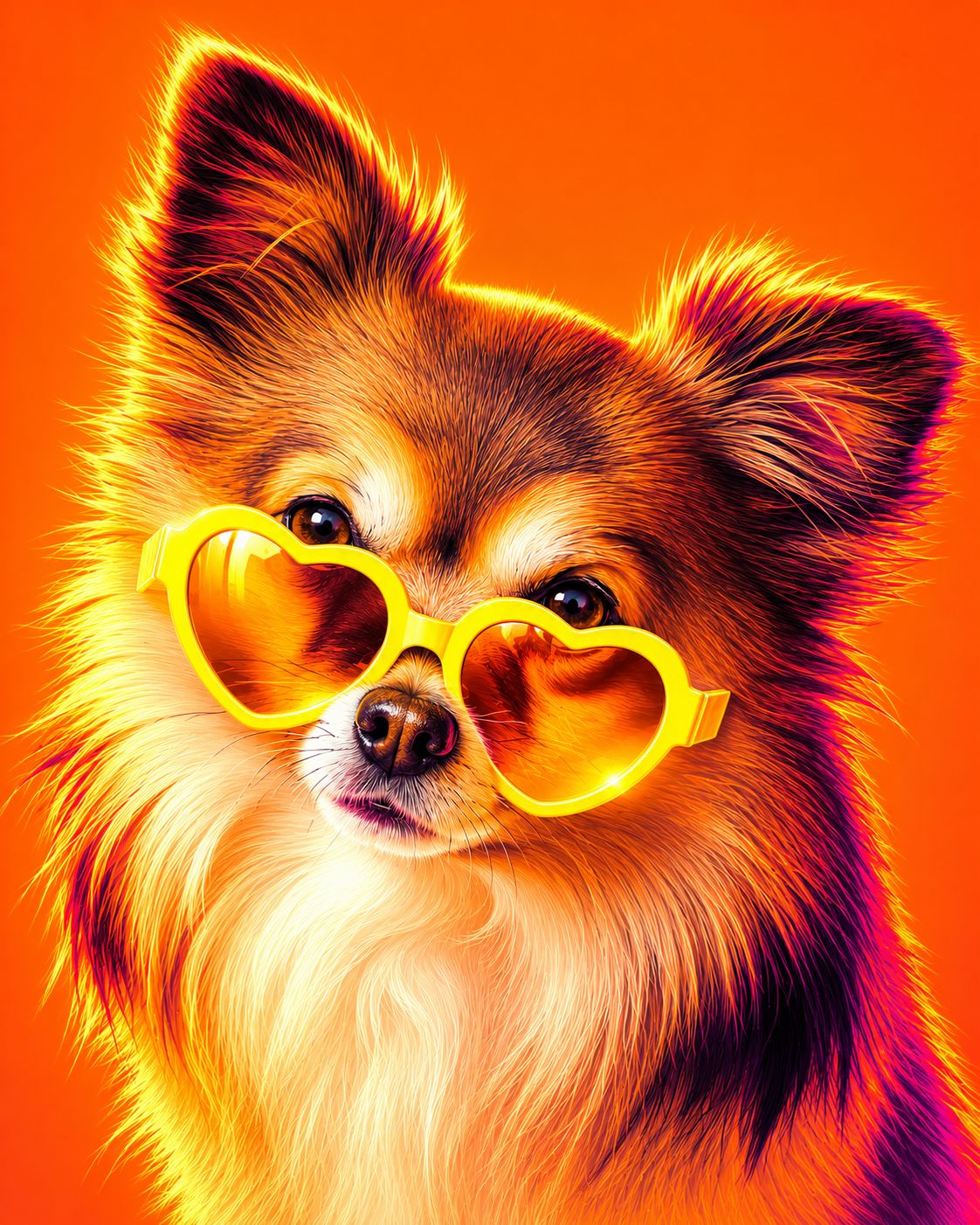 Schattig hondje met oranje hartvormige zonnebril op feloranje achtergrond
