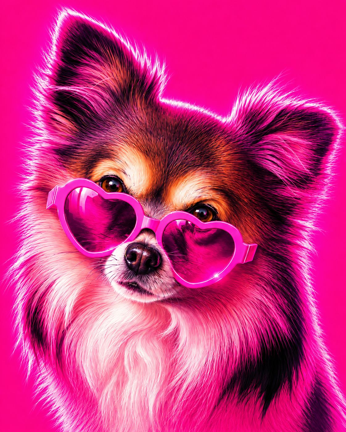 Schattige pomeriaan met roze hartvormige zonnebril op felroze achtergrond