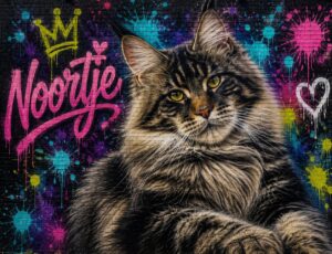 Gepersonaliseerd pop art kattenportret met naam in kleurrijke graffiti stijl als moderne wanddecoratie