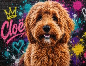 Gepersonaliseerd pop art hondenportret van een Labradoodle met naam Chloe op kleurrijke graffiti achtergrond