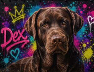 Gepersonaliseerd Labrador portret met naam huisdier op kleurrijke graffiti achtergrond in moderne pop art stijl