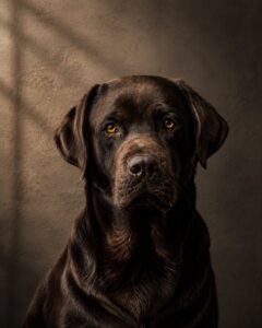 Gepersonaliseerd labrador portret op maat in klassieke fine art stijl met donkere achtergrond en warme verlichting