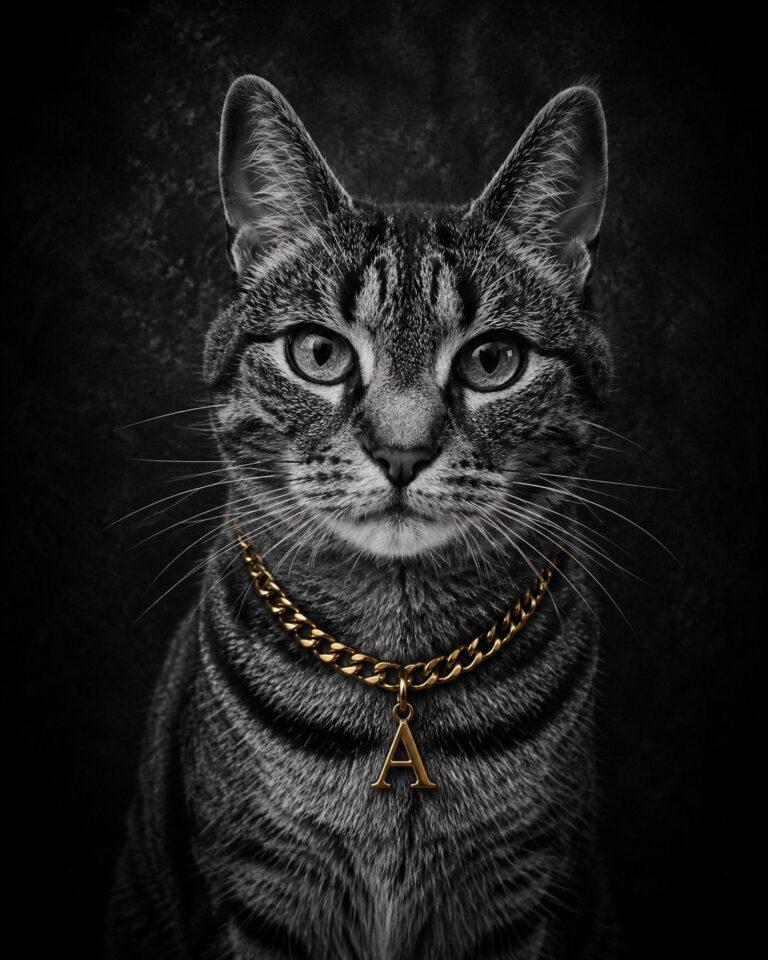 Elegant kattenportret met gouden ketting op donkere achtergrond