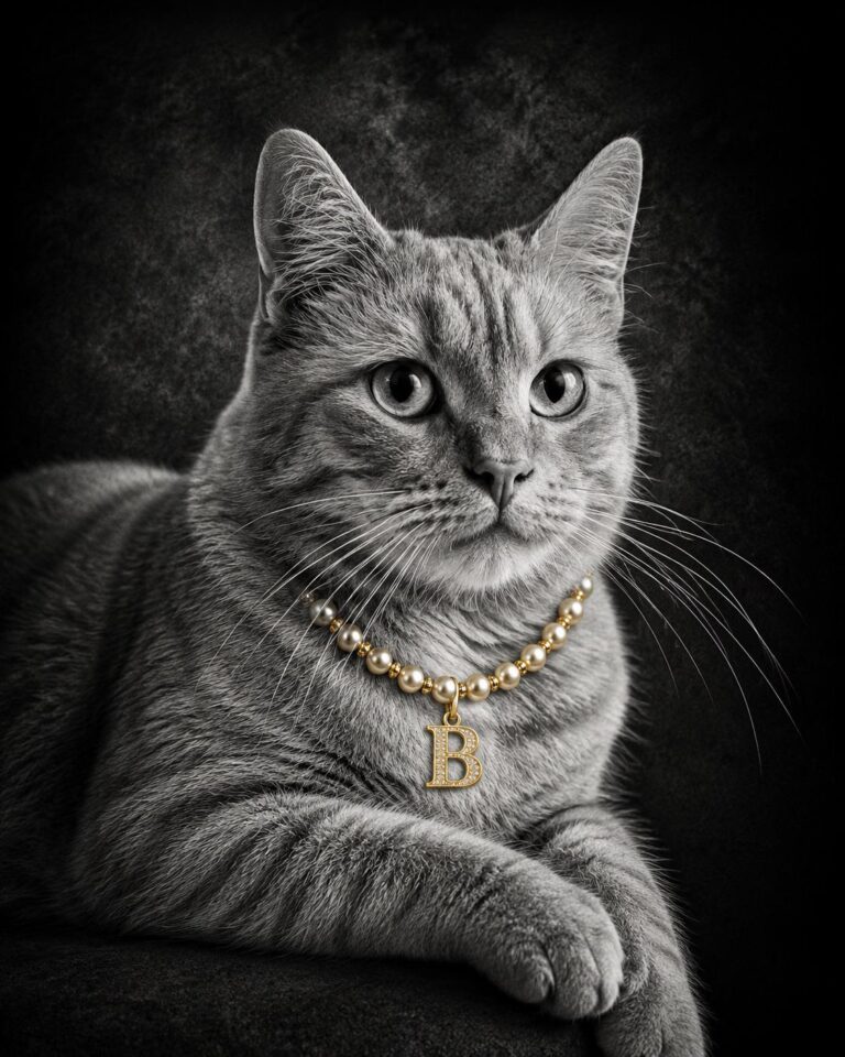 Gepersonaliseerd zwart-wit kattenportret met luxe gouden details
