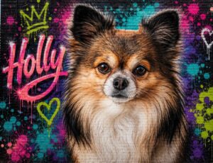 Gepersonaliseerd huisdieren dieren portret met naam op kleurrijke graffiti achtergrond in urban pop art stijl