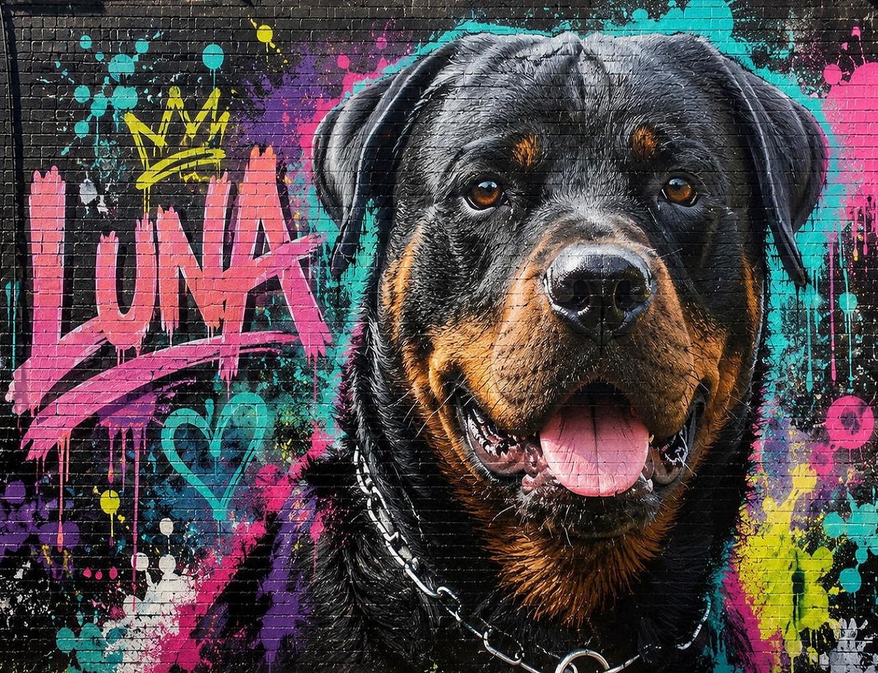 Gepersonaliseerd pop art Rottweiler portret met naam in kleurrijke graffiti stijl als moderne wanddecoratie