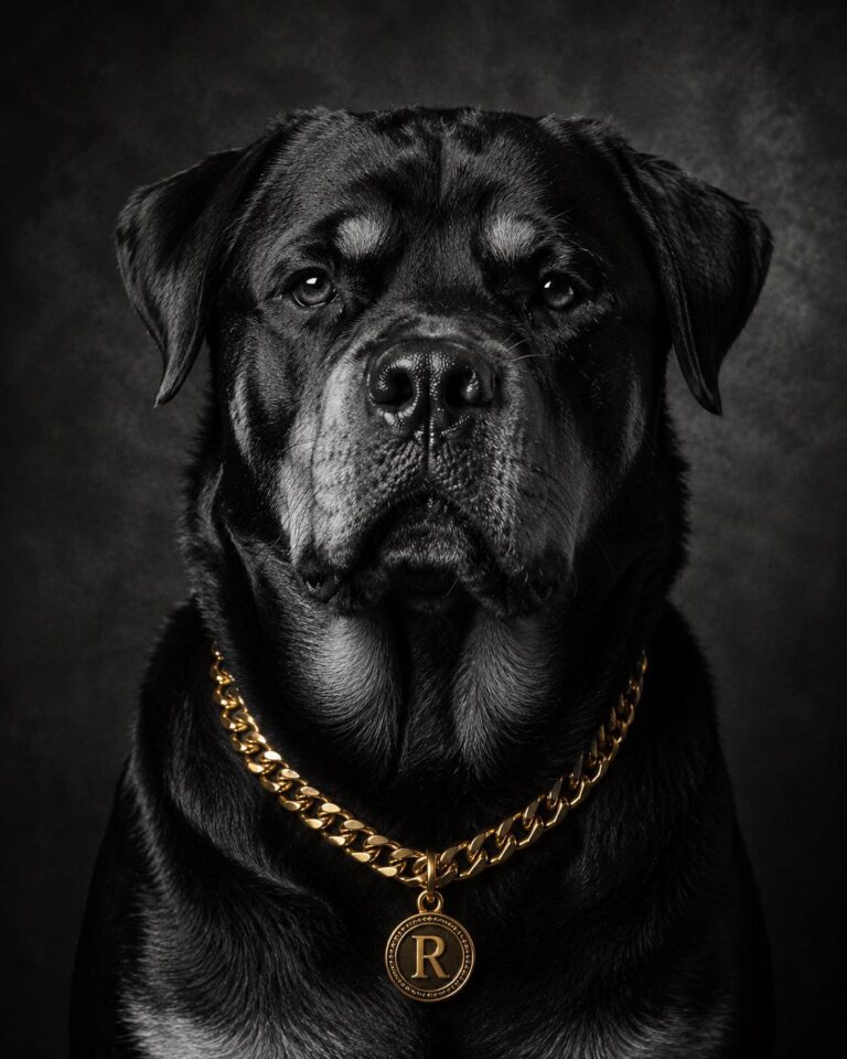 Gepersonaliseerd hondenportret met luxe zwarte uitstraling en gouden ketting