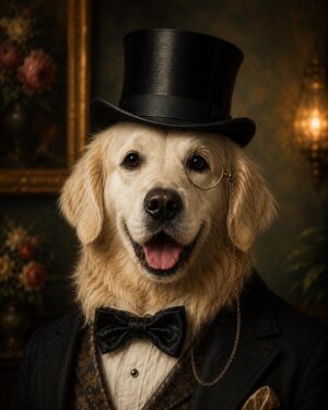 Elegante hondenportret met hoge hoed, vlinderdas en monocle