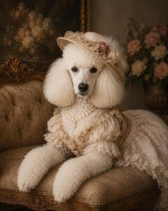 Elegante vintage poedel in Victoriaanse jurk op klassiek portret