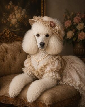 Elegante vintage poedel in Victoriaanse jurk op klassiek portret