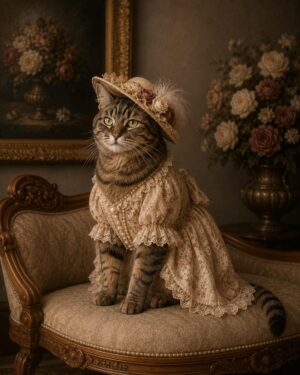 Elegante vintage kattenportret in Victoriaanse jurk op klassieke fauteuil
