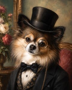 Elegant hondje portret met hoge hoed, vlinderdas en monocle