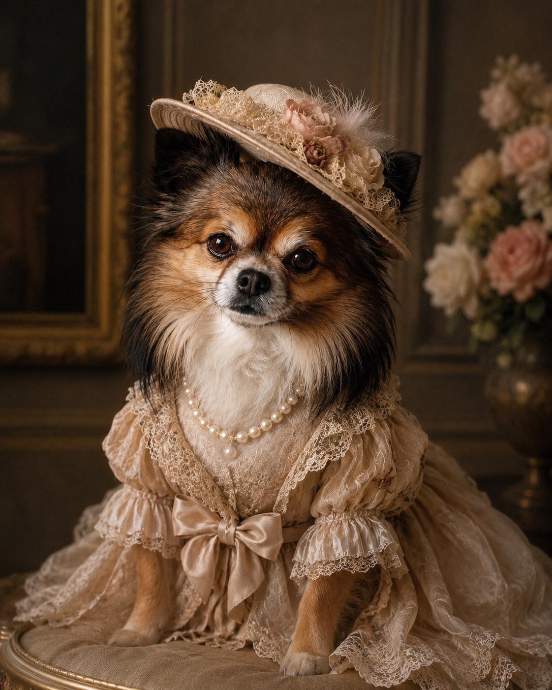 Vintage chihuahua portret in elegante Victoriaanse jurk