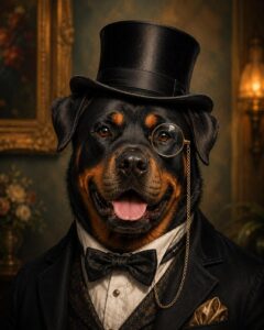 Rottweiler gentleman portret met hoge hoed en monocle