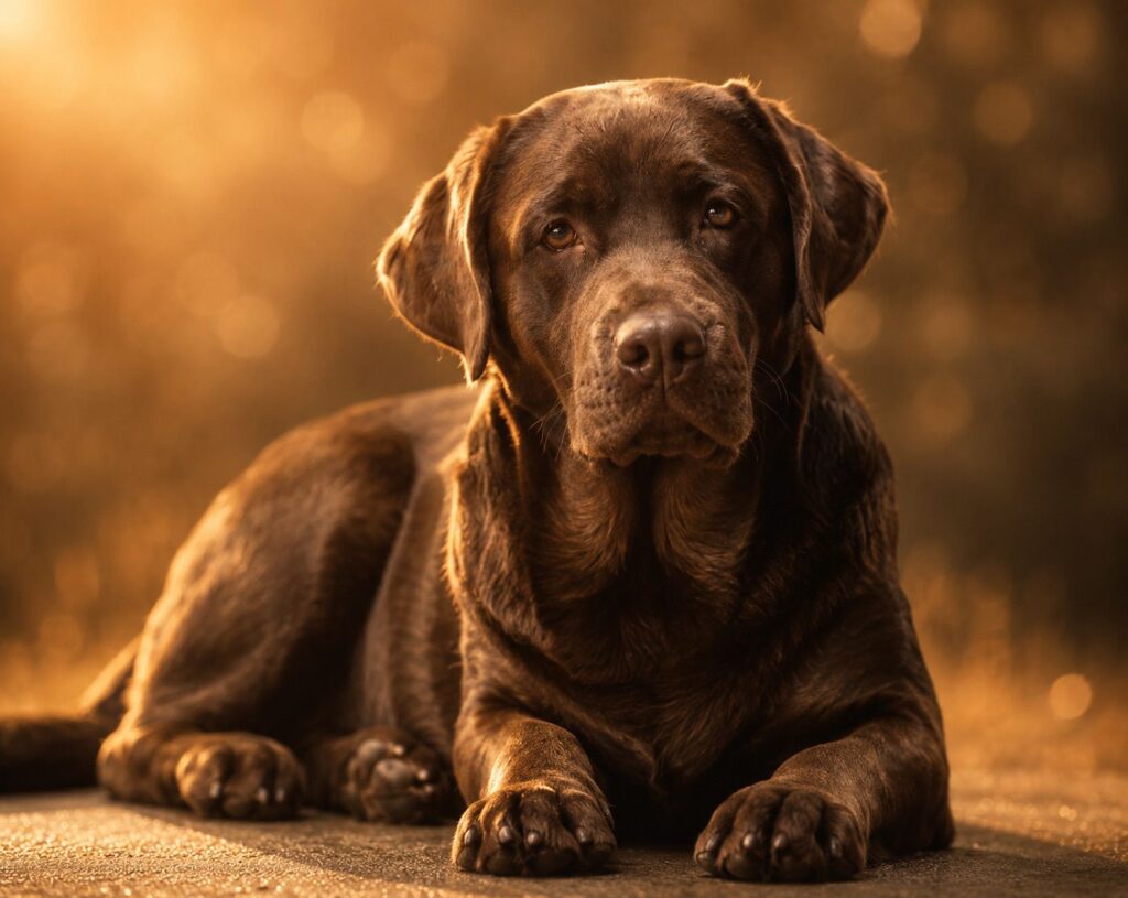 Warm huisdierportret in gouden avondlicht met zachte achtergrond en een rustige, liefdevolle uitstraling.