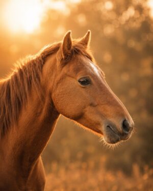 Warm paardenportret in gouden avondlicht met zachte achtergrond en een rustige, elegante uitstraling.