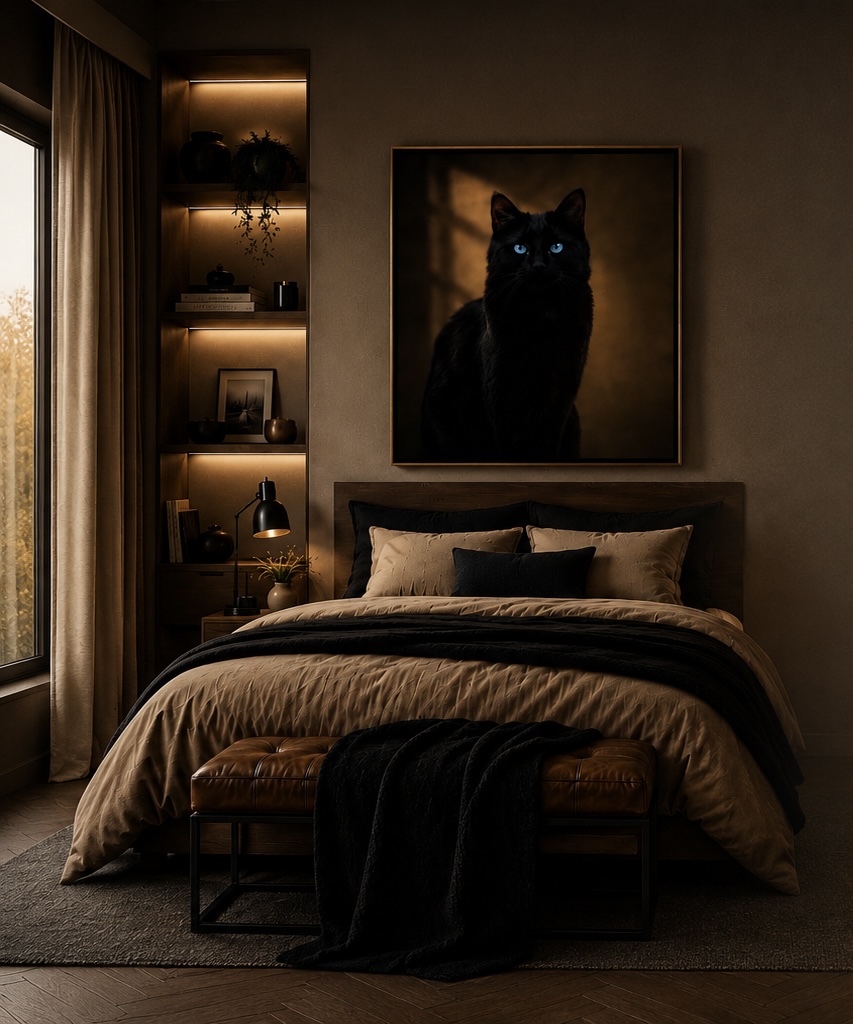 Gepersonaliseerd kattenportret van een zwarte kat met blauwe ogen als luxe donkere wanddecoratie in moderne slaapkamer