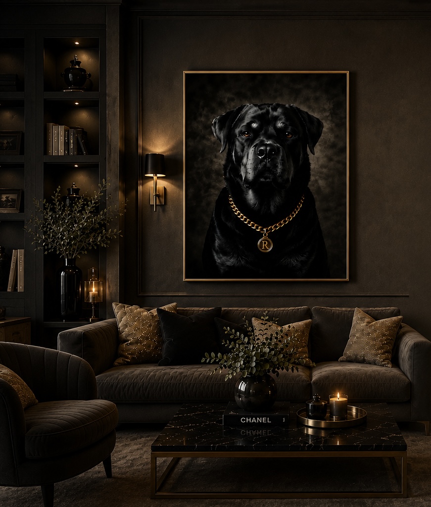 Gepersonaliseerd luxe hondenportret van een zwarte hond met gouden ketting als donkere chique wanddecoratie