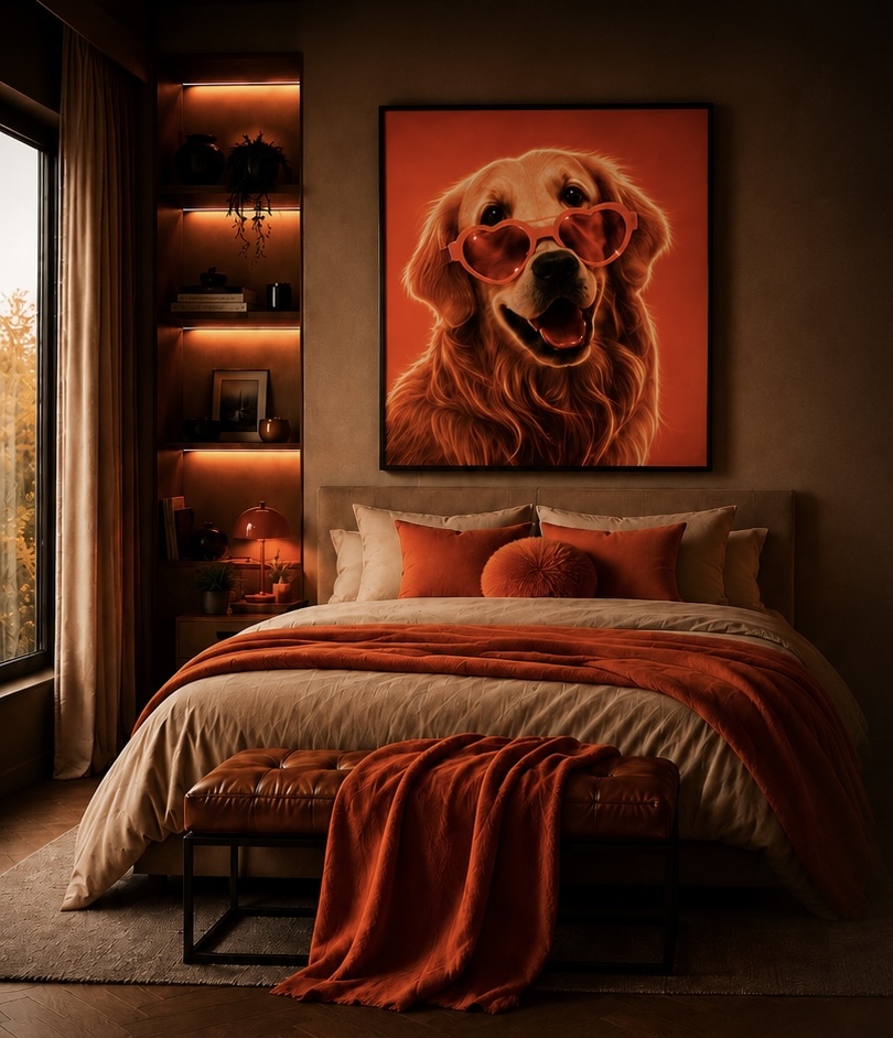 Gepersonaliseerd hondenportret van een Golden Retriever met hartvormige bril als warme wanddecoratie in luxe slaapkamer