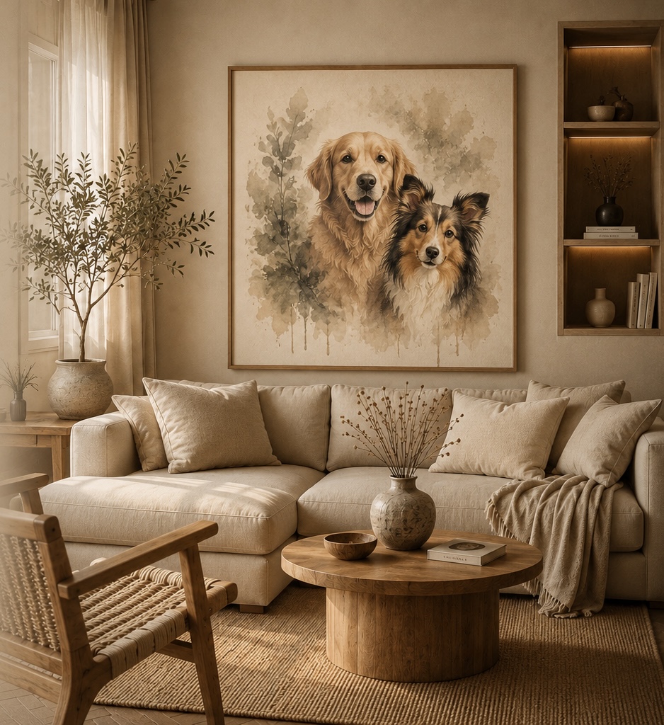 Gepersonaliseerd aquarel hondenportret van twee honden als beige wanddecoratie in Scandinavische woonkamer