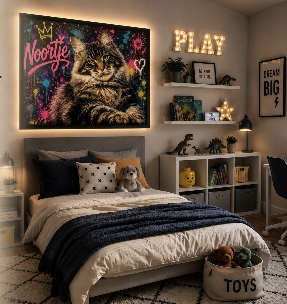 Gepersonaliseerd kattenportret in kleurrijke pop art stijl met naam als moderne wanddecoratie voor kinderkamer