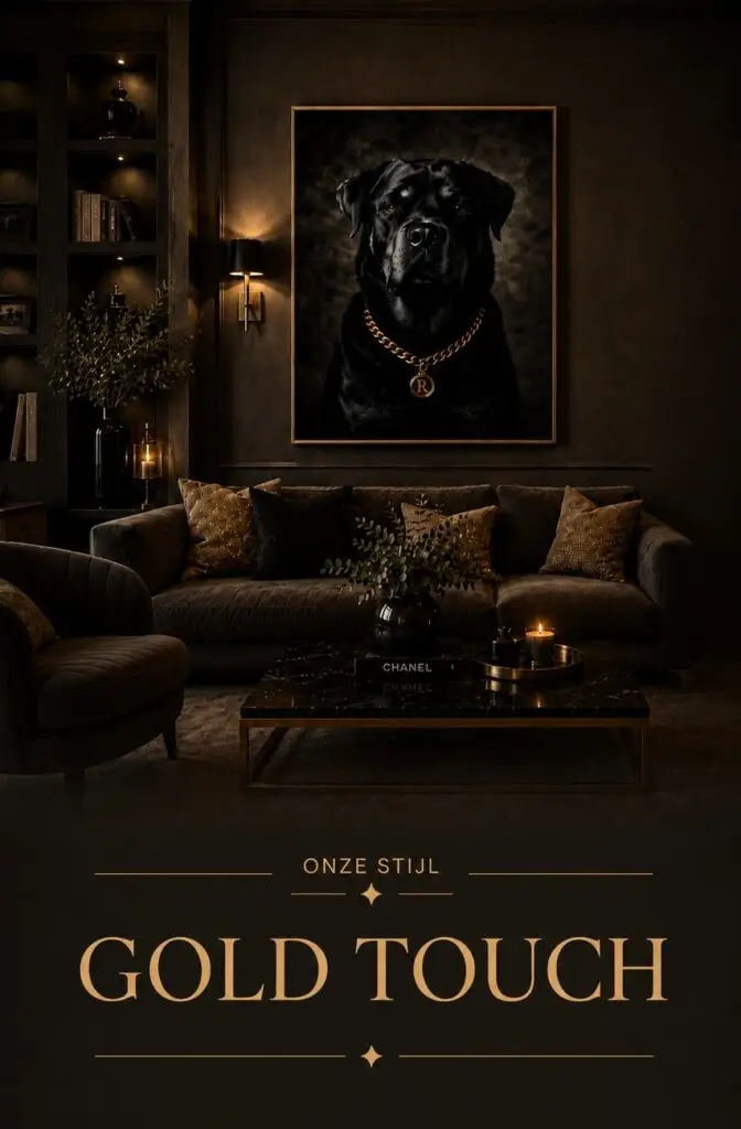 Luxe zwart hondenportret met gouden ketting in donker modern interieur