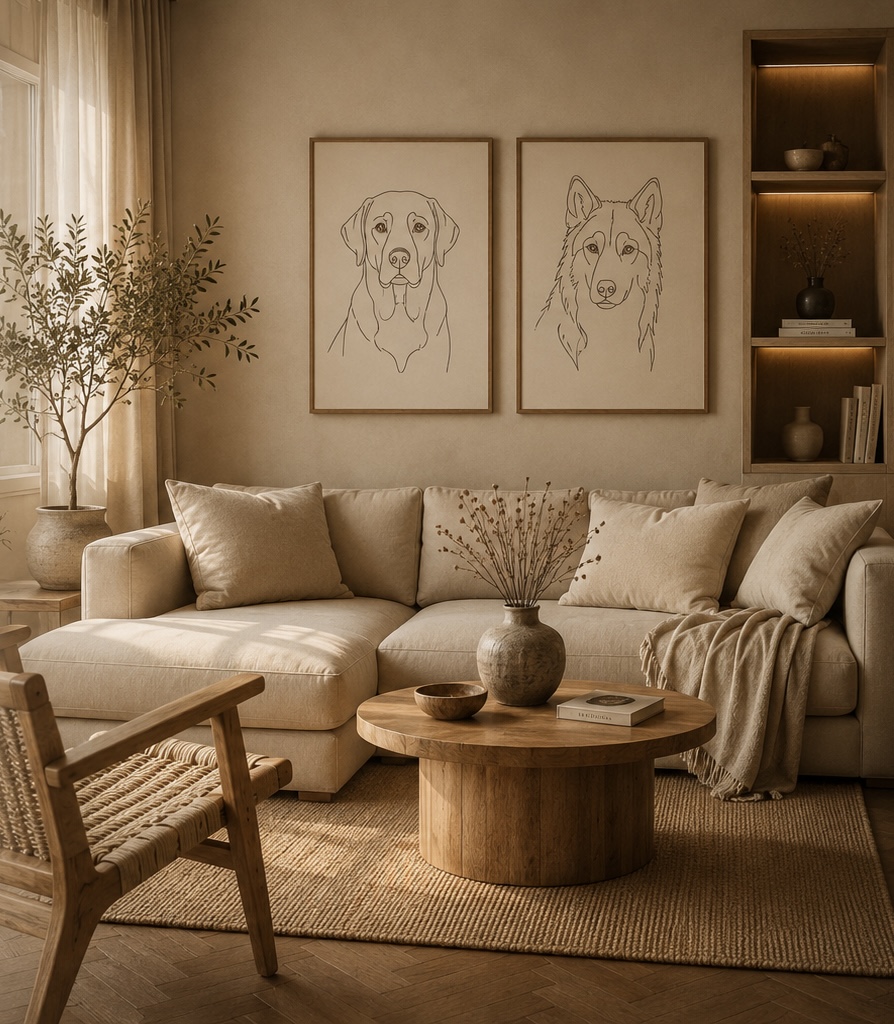 Minimalistische gepersonaliseerde lijntekening van honden als moderne wanddecoratie in beige woonkamer