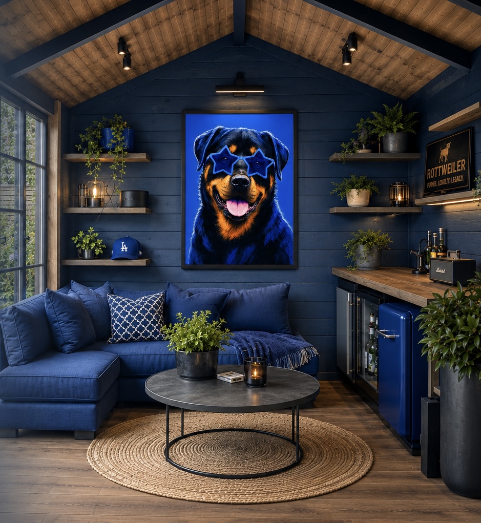 Gepersonaliseerd pop art hondenportret van een Rottweiler met blauwe stervormige bril in modern blauw interieur