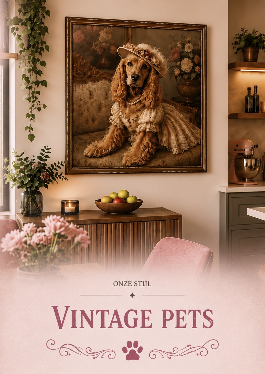 Vintage hondenportret van cocker spaniel in klassieke jurk aan de muur