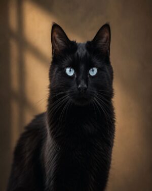 Gepersonaliseerd zwart kattenportret op maat met blauwe ogen in luxe art stijl en warme achtergrond