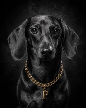 Luxe zwart hondenportret met gouden ketting op donkere achtergrond