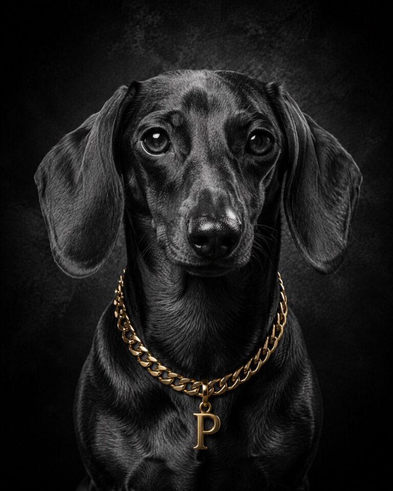 Luxe zwart hondenportret met gouden ketting op donkere achtergrond